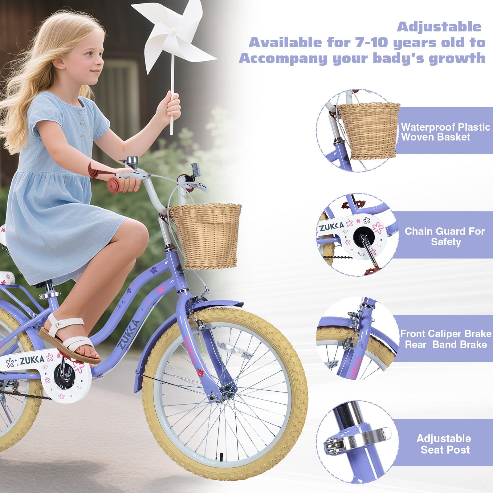 Dolonm 20 Kids Bike for Ages 7-10, Lightweight High-Carbon Steel Frame Cruiser Bicycle, Girls Bike with Wicker Basket, Rear Seat Rack, No Training Wheels, Pink