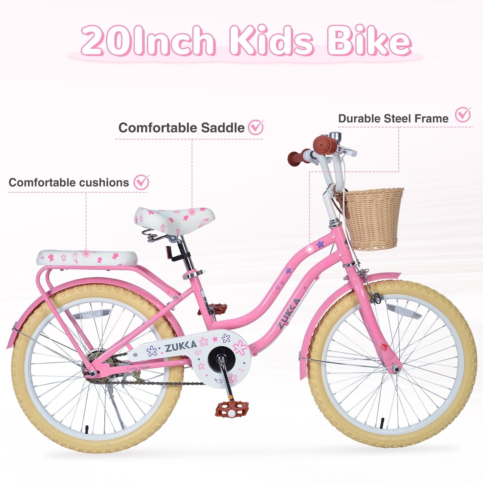Dolonm 20 Kids Bike for Ages 7-10, Lightweight High-Carbon Steel Frame Cruiser Bicycle, Girls Bike with Wicker Basket, Rear Seat Rack, No Training Wheels, Pink