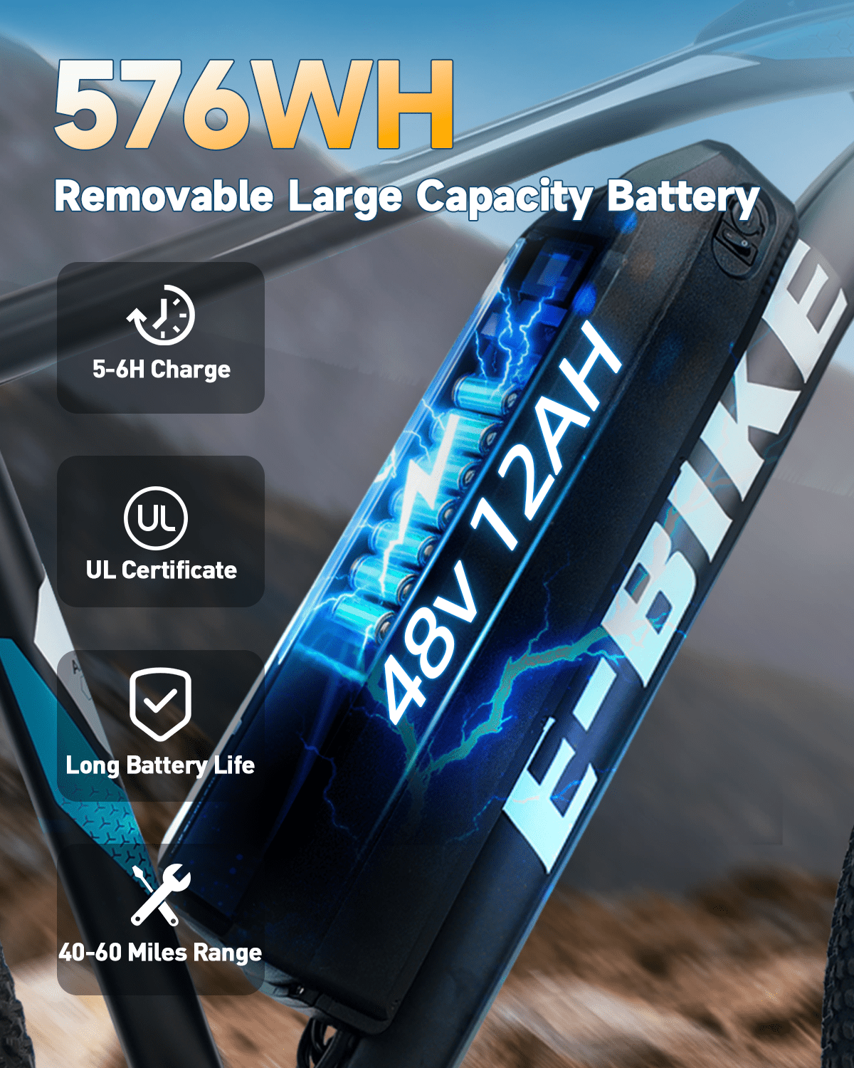 XKJ Electric Bike for Adults, 26”Electric Mountain Bike 576Wh Internal Battery & LCD Display,750W (Peak) Motor,7-Speed, Lightweight Ebike for Teens,40 Miles, Full Suspension,UL2849