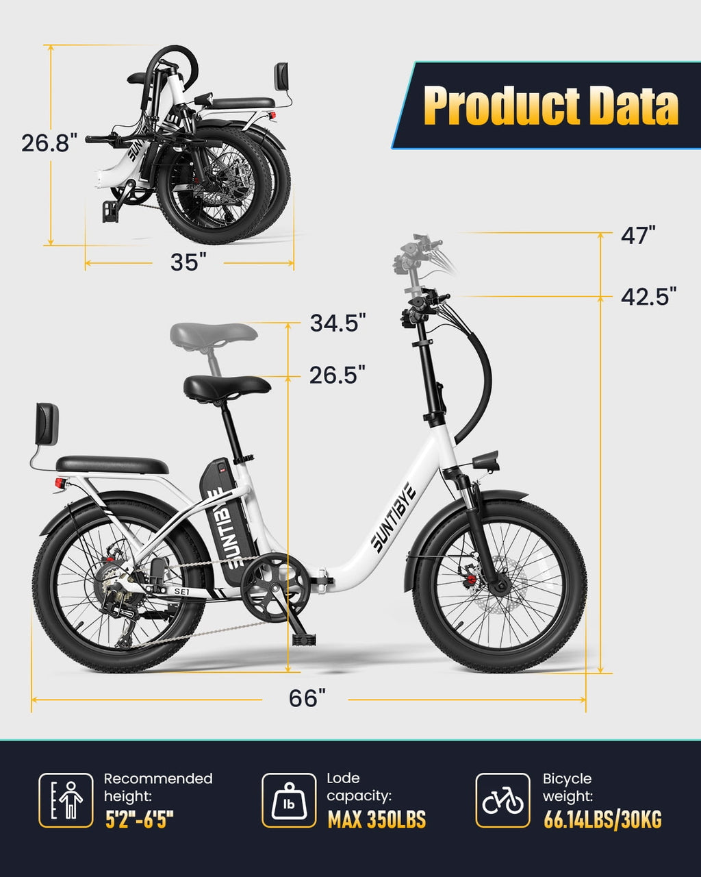 SE1 Folding Electric Bike 1000W 48V 15Ah, 20x3.0 Commuter Ebike with Passenger Seat UL2849