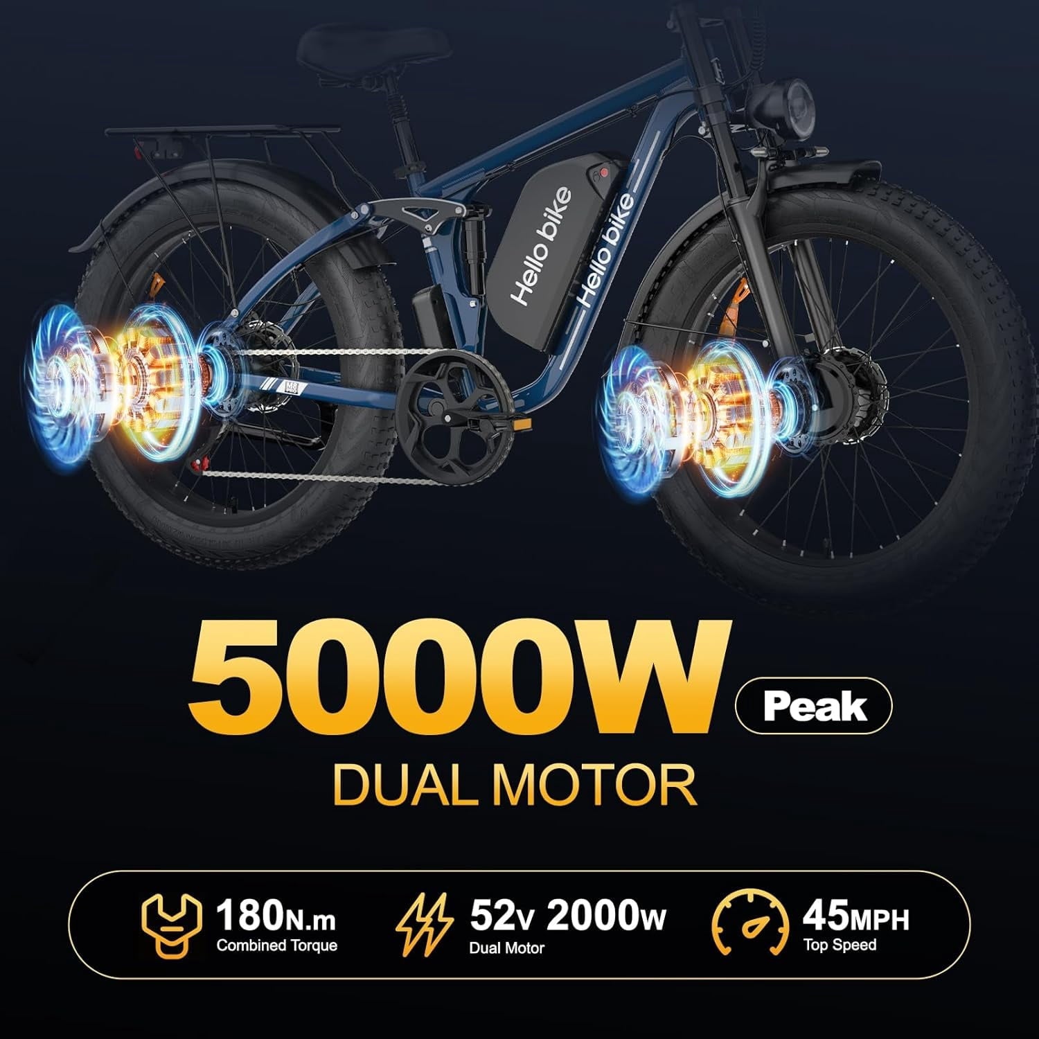5000W Electric Bike for Adults, 52V 25Ah Max 45 mph 100 Miles, 26 Fat Tires City Commuting Ebike 7 Speed for Off-Road Mountain Riding UL 2849