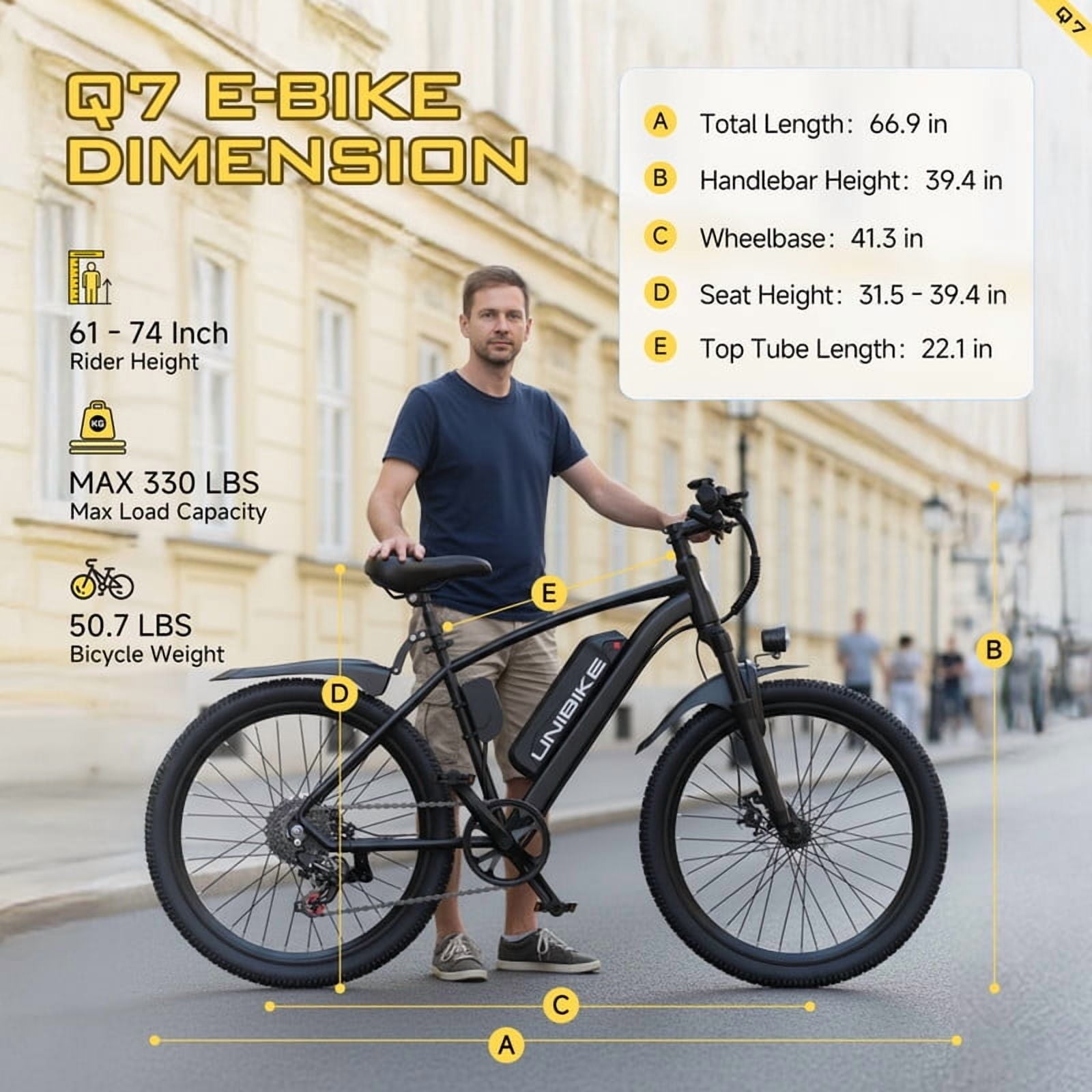 Unibike 400W Electric Bike for Adults, 26'' Mountain Ebikes, 36V10AH Removable Battery, 7-Speed E-Bicycle, Front Suspension, Black