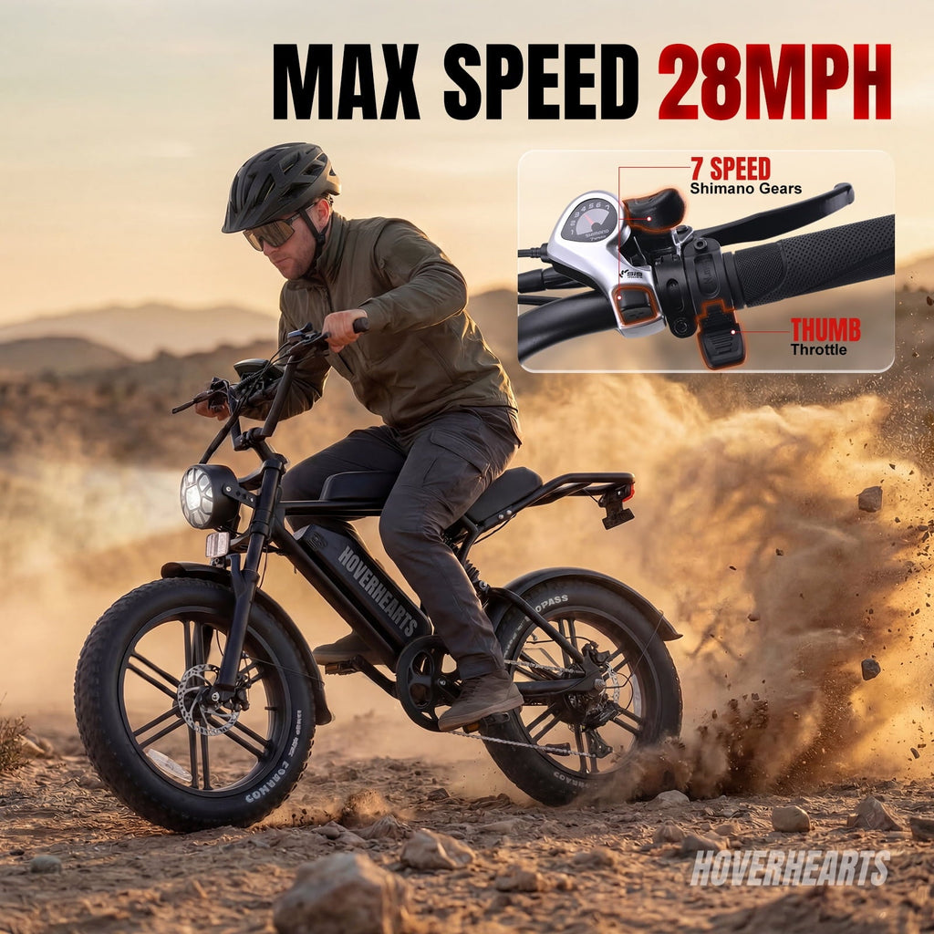 HOVER HEART 20 Fat Tire E-Bike 500W Electric Bicycle for Adults 48V 15Ah 28mph 7 Speed Hydraulic Brakes Retro Style Electric Bike with LCD Display